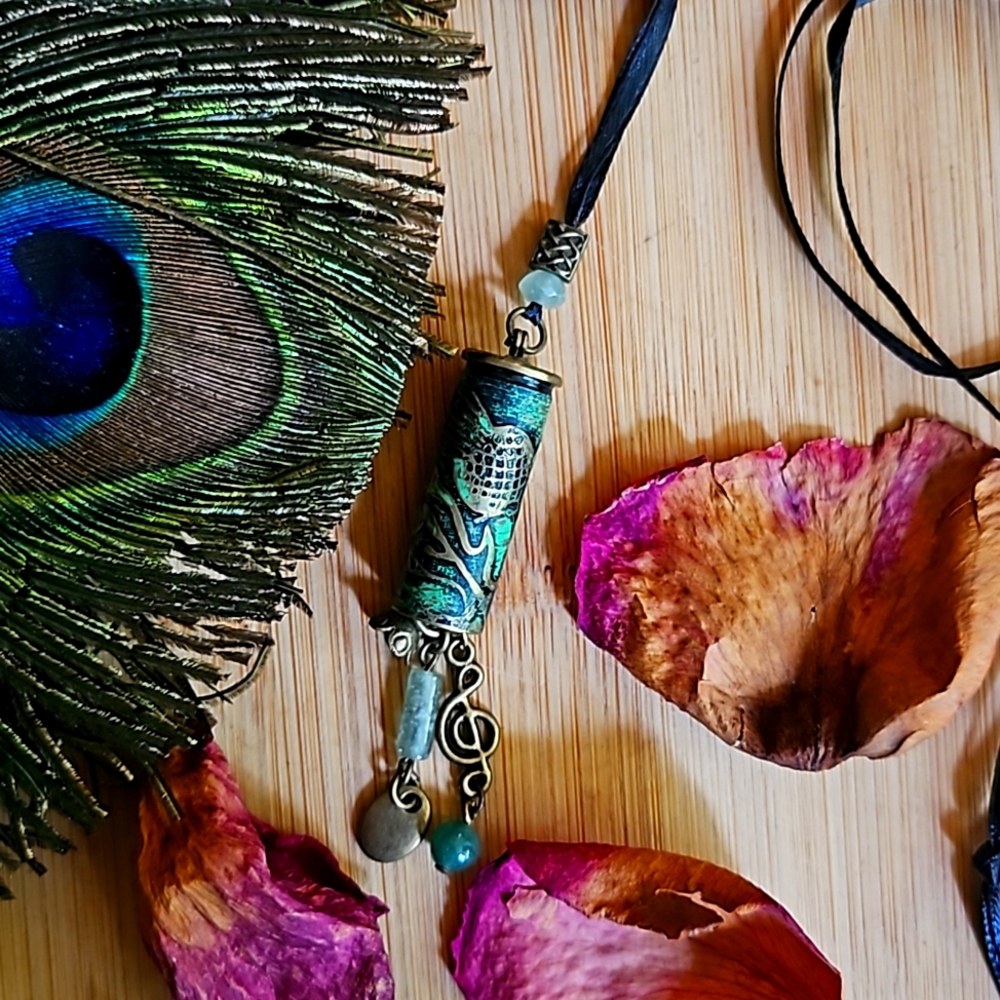 Green boho adjustable ribbon necklace musical notes charm and beads
